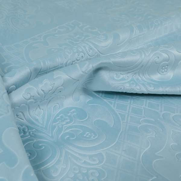 Alvaro Velveteen Embossed Damask Pattern Upholstery Curtains Fabric In Sky Blue Velvet Colour - Handmade Cushions