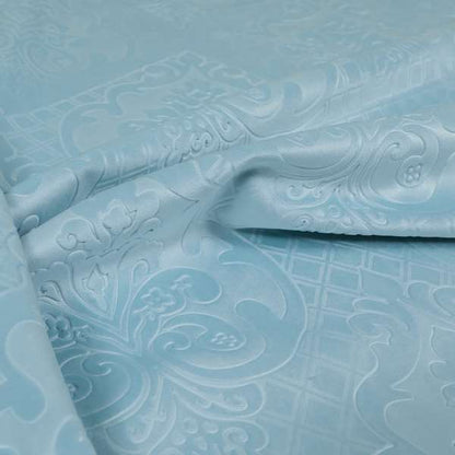 Alvaro Velveteen Embossed Damask Pattern Upholstery Curtains Fabric In Sky Blue Velvet Colour