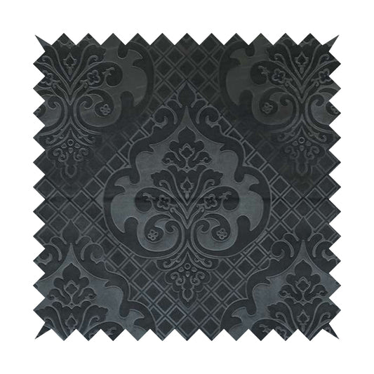 Alvaro Velveteen Embossed Damask Pattern Upholstery Curtains Fabric In Grey Velvet Colour