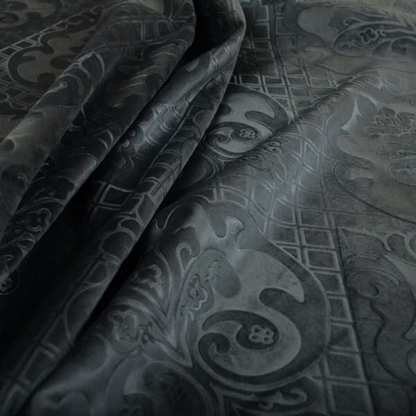 Alvaro Velveteen Embossed Damask Pattern Upholstery Curtains Fabric In Grey Velvet Colour