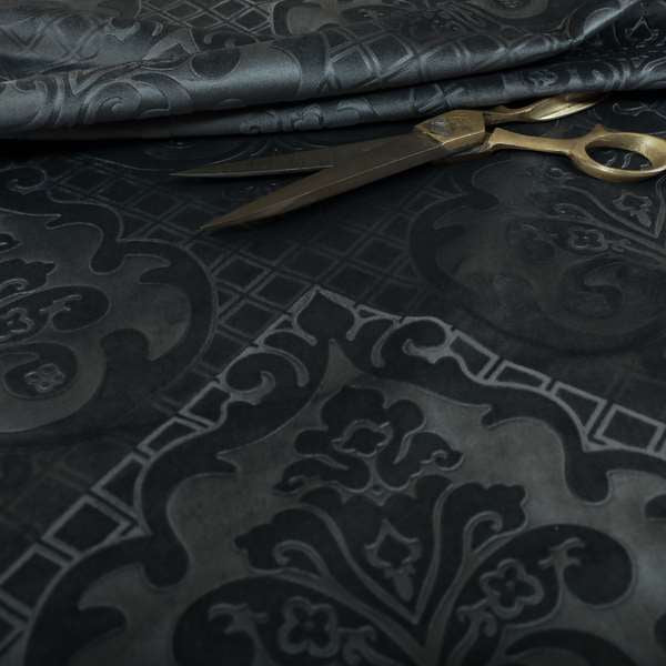 Alvaro Velveteen Embossed Damask Pattern Upholstery Curtains Fabric In Grey Velvet Colour - Handmade Cushions