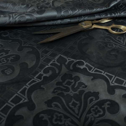 Alvaro Velveteen Embossed Damask Pattern Upholstery Curtains Fabric In Grey Velvet Colour - Handmade Cushions