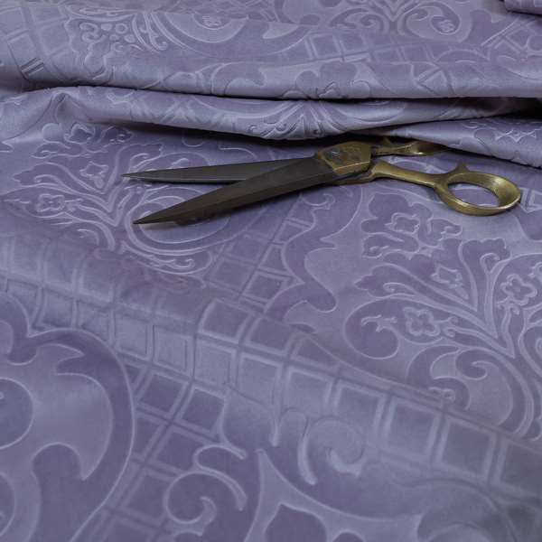 Alvaro Velveteen Embossed Damask Pattern Upholstery Curtains Fabric In Lilac Purple Velvet Colour