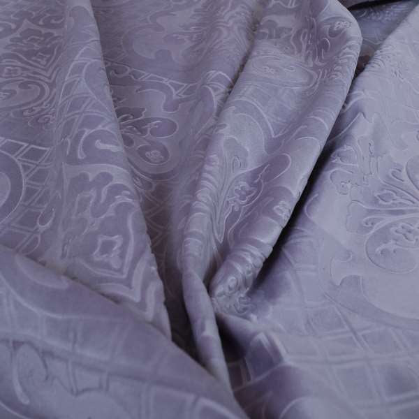 Alvaro Velveteen Embossed Damask Pattern Upholstery Curtains Fabric In Lilac Purple Velvet Colour - Roman Blinds