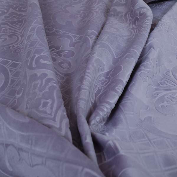 Alvaro Velveteen Embossed Damask Pattern Upholstery Curtains Fabric In Lilac Purple Velvet Colour