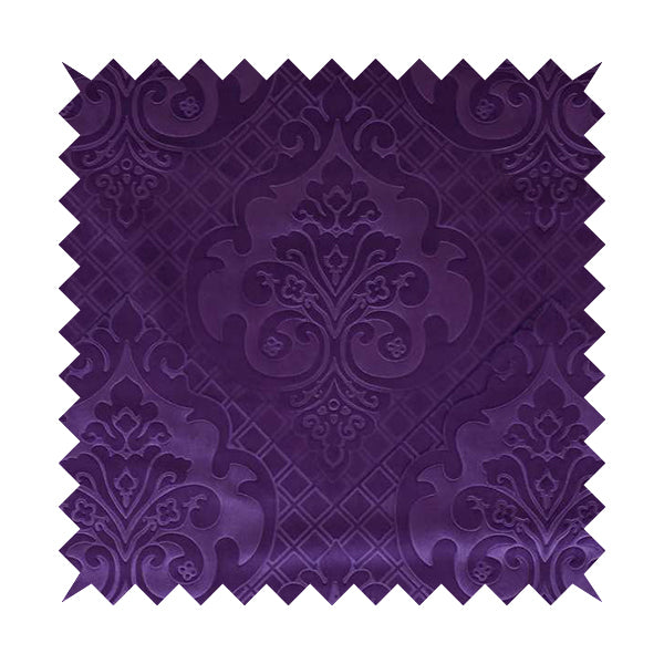 Alvaro Velveteen Embossed Damask Pattern Upholstery Curtains Fabric In Purple Velvet Colour - Handmade Cushions