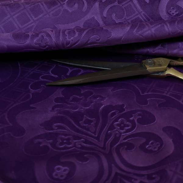 Alvaro Velveteen Embossed Damask Pattern Upholstery Curtains Fabric In Purple Velvet Colour - Handmade Cushions