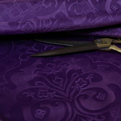 Alvaro Velveteen Embossed Damask Pattern Upholstery Curtains Fabric In Purple Velvet Colour - Handmade Cushions