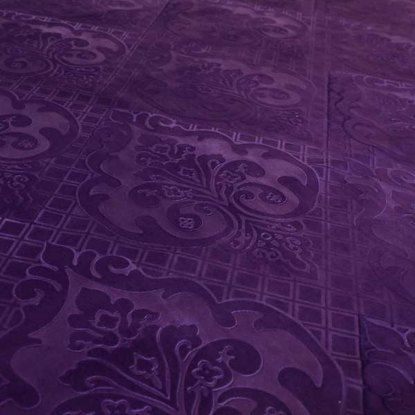 Alvaro Velveteen Embossed Damask Pattern Upholstery Curtains Fabric In Purple Velvet Colour - Roman Blinds