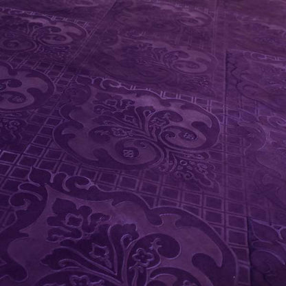 Alvaro Velveteen Embossed Damask Pattern Upholstery Curtains Fabric In Purple Velvet Colour - Handmade Cushions