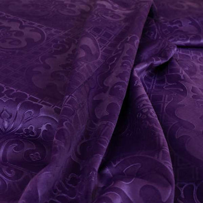 Alvaro Velveteen Embossed Damask Pattern Upholstery Curtains Fabric In Purple Velvet Colour