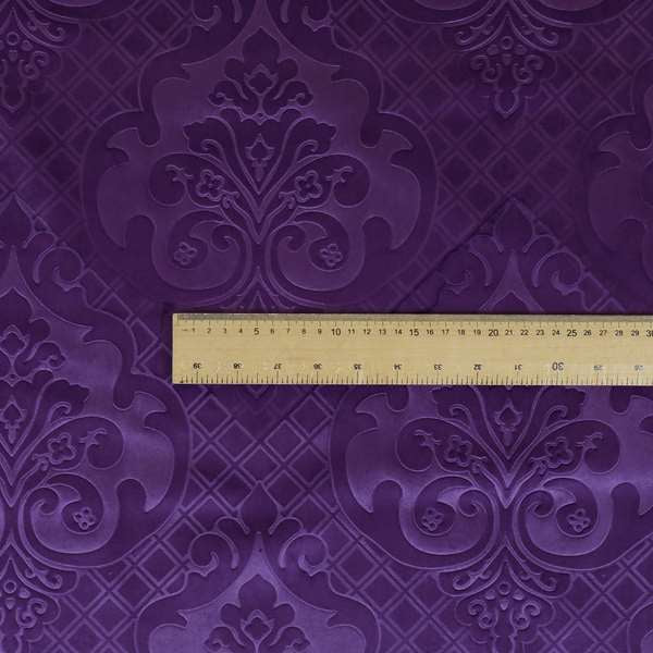 Alvaro Velveteen Embossed Damask Pattern Upholstery Curtains Fabric In Purple Velvet Colour - Handmade Cushions