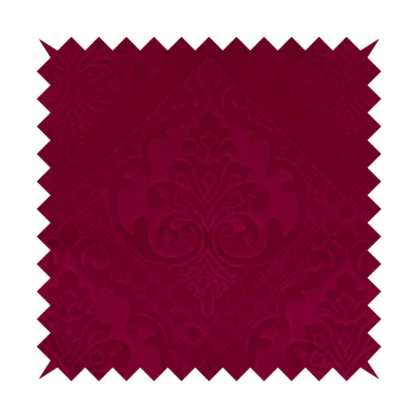 Alvaro Velveteen Embossed Damask Pattern Upholstery Curtains Fabric In Red Velvet Colour - Handmade Cushions