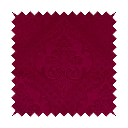 Alvaro Velveteen Embossed Damask Pattern Upholstery Curtains Fabric In Red Velvet Colour - Handmade Cushions