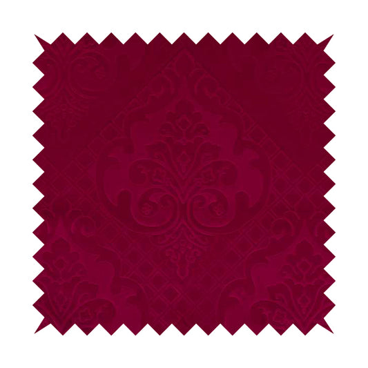 Alvaro Velveteen Embossed Damask Pattern Upholstery Curtains Fabric In Red Velvet Colour