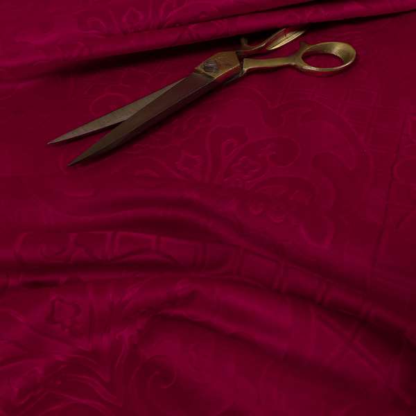 Alvaro Velveteen Embossed Damask Pattern Upholstery Curtains Fabric In Red Velvet Colour - Handmade Cushions