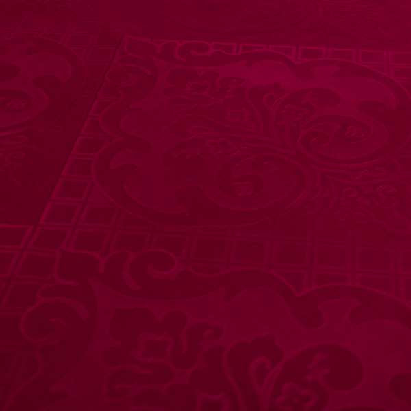 Alvaro Velveteen Embossed Damask Pattern Upholstery Curtains Fabric In Red Velvet Colour - Handmade Cushions