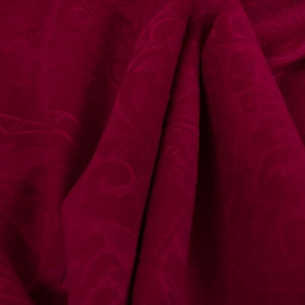 Alvaro Velveteen Embossed Damask Pattern Upholstery Curtains Fabric In Red Velvet Colour - Handmade Cushions