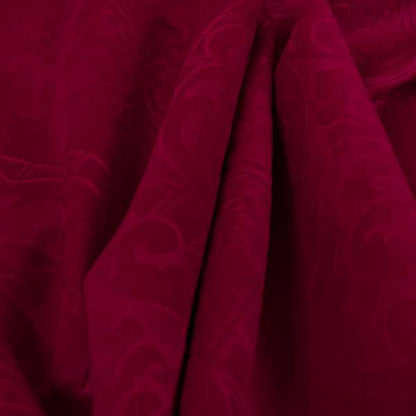 Alvaro Velveteen Embossed Damask Pattern Upholstery Curtains Fabric In Red Velvet Colour - Handmade Cushions