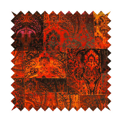 Amalfi Patchwork Pattern Printed Velvet Red Orange Colour Upholstery Fabric - Roman Blinds