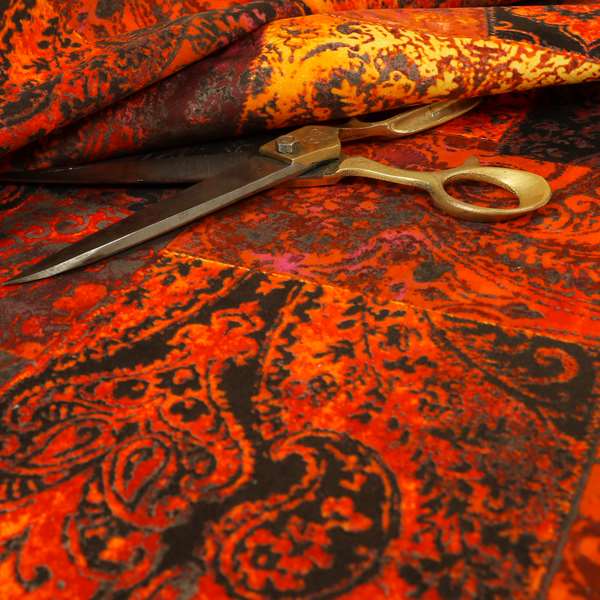 Amalfi Patchwork Pattern Printed Velvet Red Orange Colour Upholstery Fabric - Made To Measure Curtains