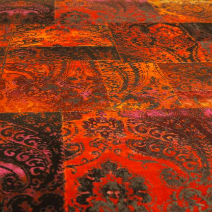 Amalfi Patchwork Pattern Printed Velvet Red Orange Colour Upholstery Fabric