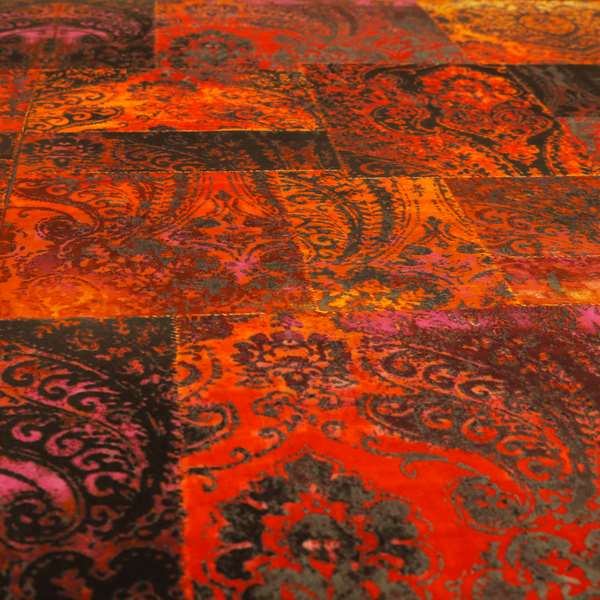 Amalfi Patchwork Pattern Printed Velvet Red Orange Colour Upholstery Fabric - Made To Measure Curtains