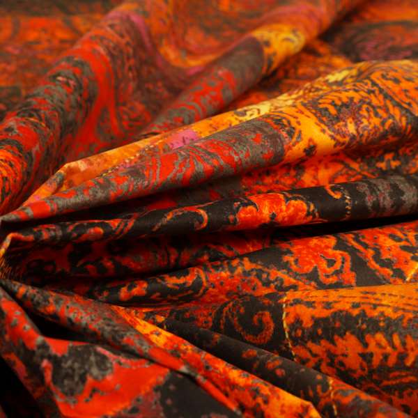 Amalfi Patchwork Pattern Printed Velvet Red Orange Colour Upholstery Fabric