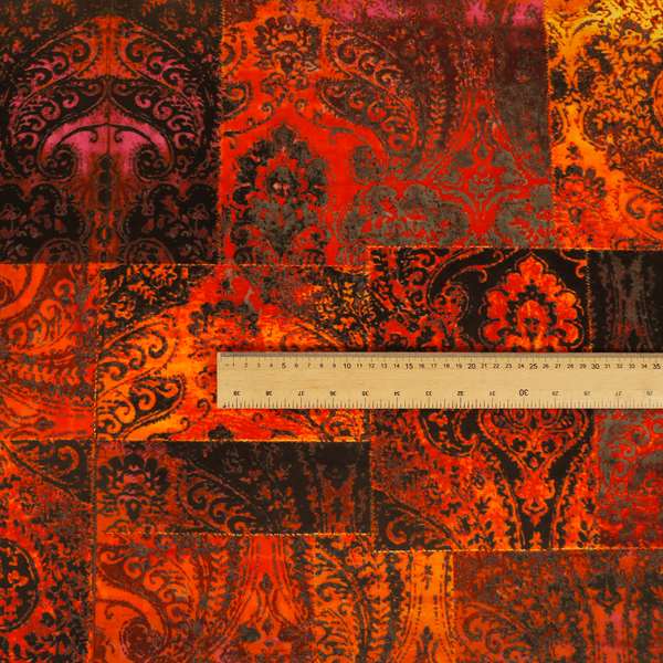 Amalfi Patchwork Pattern Printed Velvet Red Orange Colour Upholstery Fabric - Made To Measure Curtains