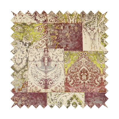 Amalfi Patchwork Pattern Printed Velvet Purple Green Colour Upholstery Fabric - Roman Blinds