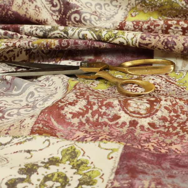 Amalfi Patchwork Pattern Printed Velvet Purple Green Colour Upholstery Fabric - Made To Measure Curtains