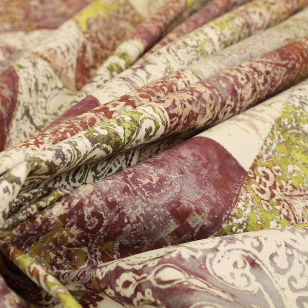 Amalfi Patchwork Pattern Printed Velvet Purple Green Colour Upholstery Fabric