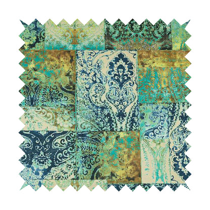 Amalfi Patchwork Pattern Printed Velvet Green Blue Colour Upholstery Fabric - Roman Blinds