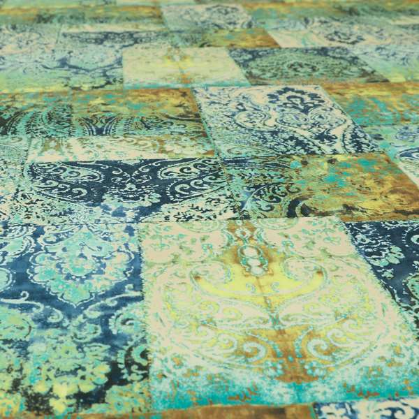 Amalfi Patchwork Pattern Printed Velvet Green Blue Colour Upholstery Fabric