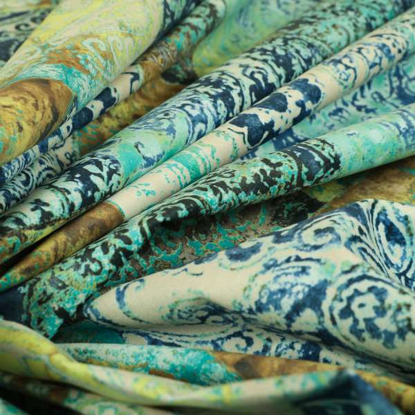 Amalfi Patchwork Pattern Printed Velvet Green Blue Colour Upholstery Fabric - Roman Blinds