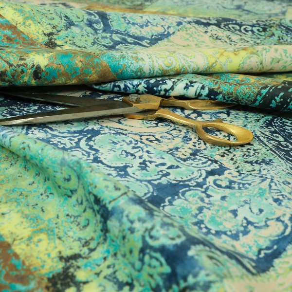 Amalfi Patchwork Pattern Printed Velvet Green Blue Colour Upholstery Fabric - Roman Blinds