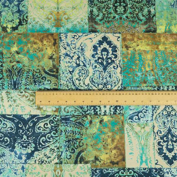 Amalfi Patchwork Pattern Printed Velvet Green Blue Colour Upholstery Fabric