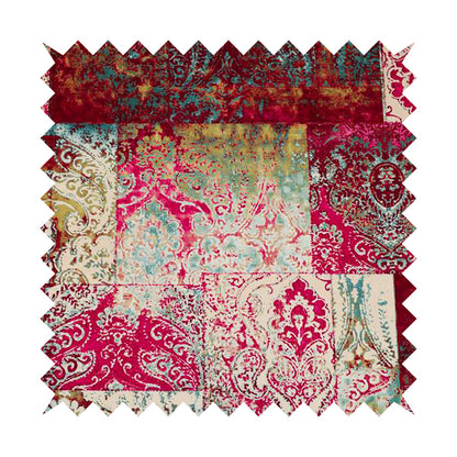 Amalfi Patchwork Pattern Printed Velvet Pink Burgundy Red Colour Upholstery Fabric - Roman Blinds