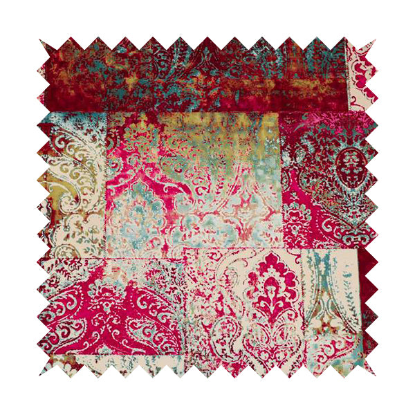 Amalfi Patchwork Pattern Printed Velvet Pink Burgundy Red Colour Upholstery Fabric - Handmade Cushions