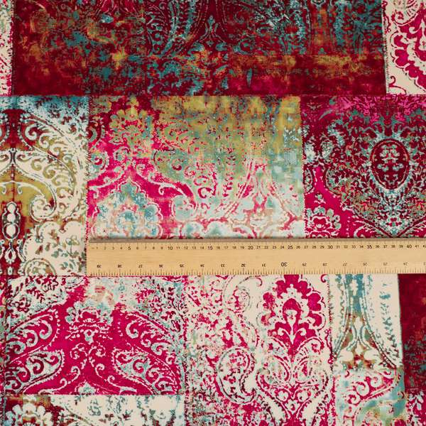 Amalfi Patchwork Pattern Printed Velvet Pink Burgundy Red Colour Upholstery Fabric