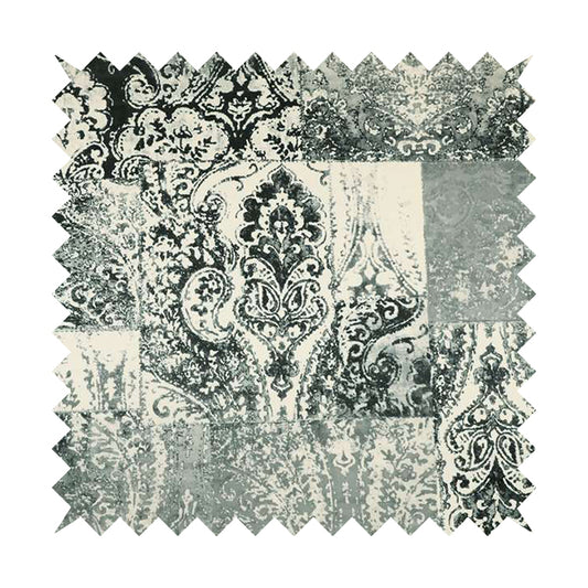 Amalfi Patchwork Pattern Printed Velvet Grey Black White Colour Upholstery Fabric