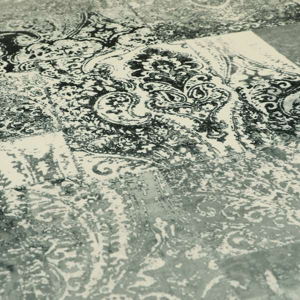 Amalfi Patchwork Pattern Printed Velvet Grey Black White Colour Upholstery Fabric