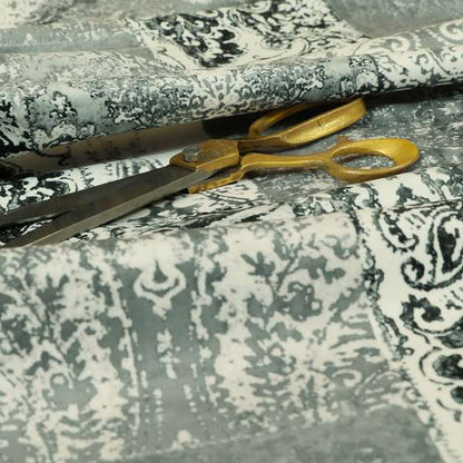 Amalfi Patchwork Pattern Printed Velvet Grey Black White Colour Upholstery Fabric - Roman Blinds