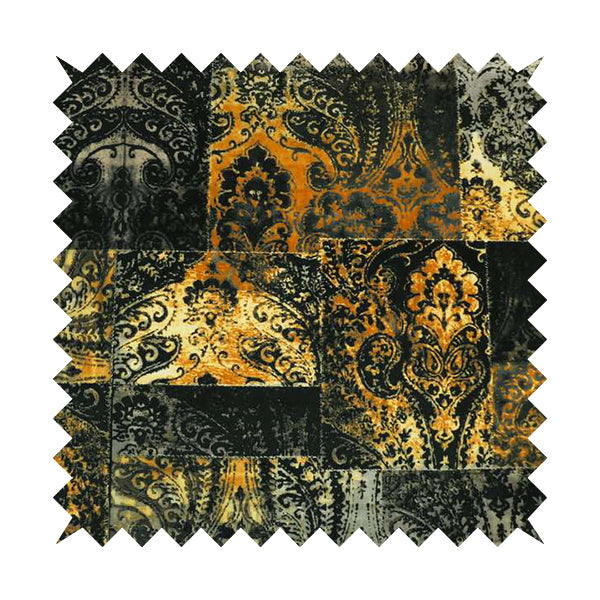 Amalfi Patchwork Pattern Printed Velvet Black Golden Yellow Colours Upholstery Fabric - Roman Blinds