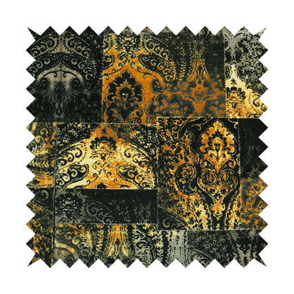 Amalfi Patchwork Pattern Printed Velvet Black Golden Yellow Colours Upholstery Fabric