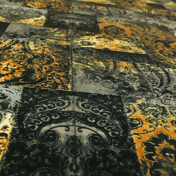 Amalfi Patchwork Pattern Printed Velvet Black Golden Yellow Colours Upholstery Fabric
