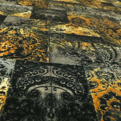 Amalfi Patchwork Pattern Printed Velvet Black Golden Yellow Colours Upholstery Fabric - Made To Measure Curtains