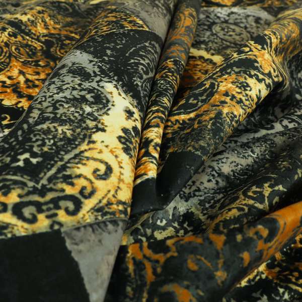 Amalfi Patchwork Pattern Printed Velvet Black Golden Yellow Colours Upholstery Fabric