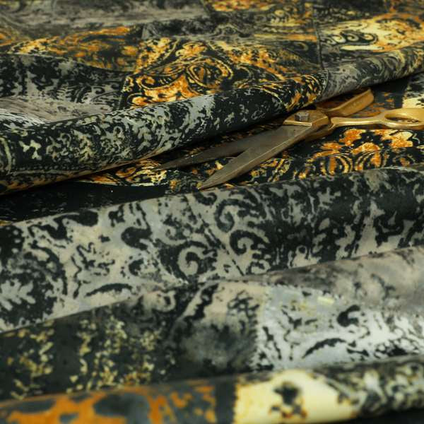 Amalfi Patchwork Pattern Printed Velvet Black Golden Yellow Colours Upholstery Fabric - Made To Measure Curtains