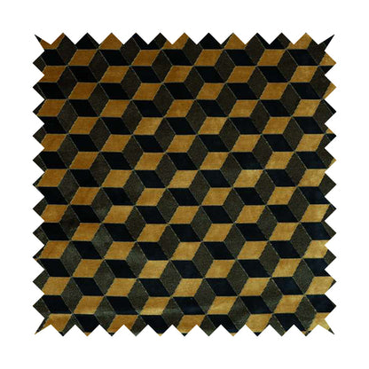 Akita Geometric 3D Pattern Velvet Fabric In Golden Yellow Blue Colour - Made To Measure Curtains